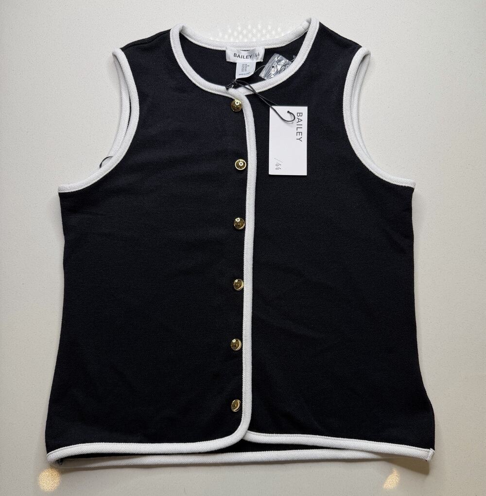 New Bailey 44 Women's Sleeveless Vest With Gold Buttons NWT Size M Black